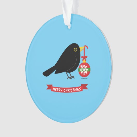 Leuke merel met een kerstbal ornament (voorkant)