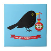 Leuke merel met een kerstbal tegeltje (Voorkant)
