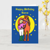 Leuke Midnight Blue Paard en Meisje Cartoon Verjaa Kaart (Gele Bloem)