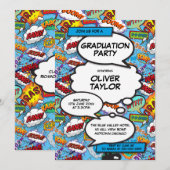 Leuke moderne afstudeerfeest Blue Comic Book  Kaart (Voorkant / Achterkant)