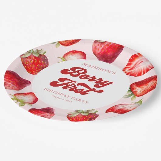 Leuke moderne Boho aardbeienbes 1e verjaardag Papieren Bordje (Gekanteld)