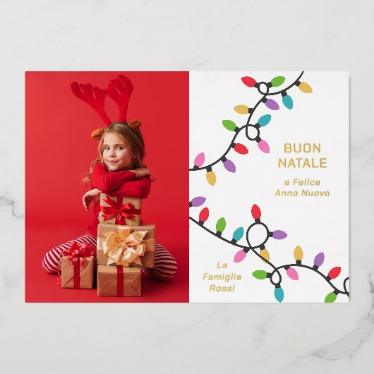 Leuke moderne Buon Natale kerstverlichting Foto Folie Feestdagenkaart (Voorkant)
