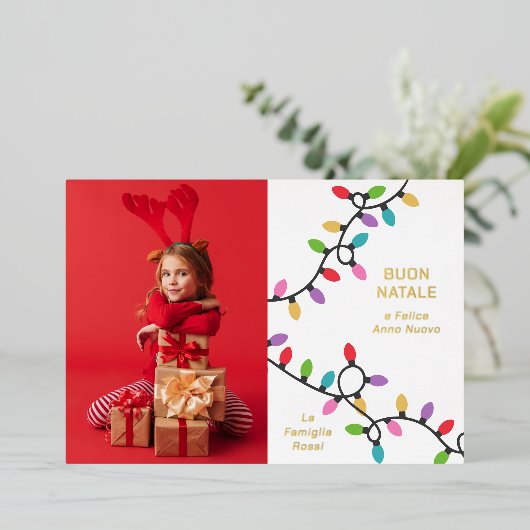 Leuke moderne Buon Natale kerstverlichting Foto Folie Feestdagenkaart (Staand Voorkant)