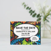 Leuke moderne comicbook save-the-date trouwkaart briefkaart (Staand voorkant)