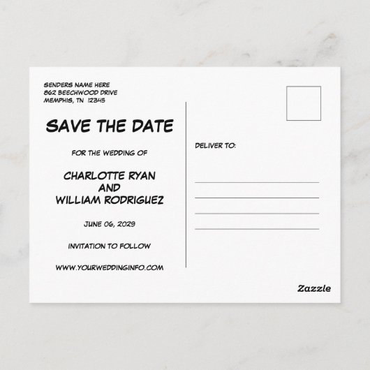 Leuke moderne comicbook save-the-date trouwkaart briefkaart (Achterkant)