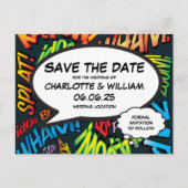 Leuke moderne comicbook save-the-date trouwkaart briefkaart (Voorkant)