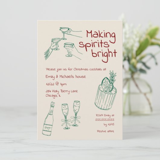 Leuke & Moderne Handgetekende Groene & Crème Kerst Kaart (Staand voorkant)