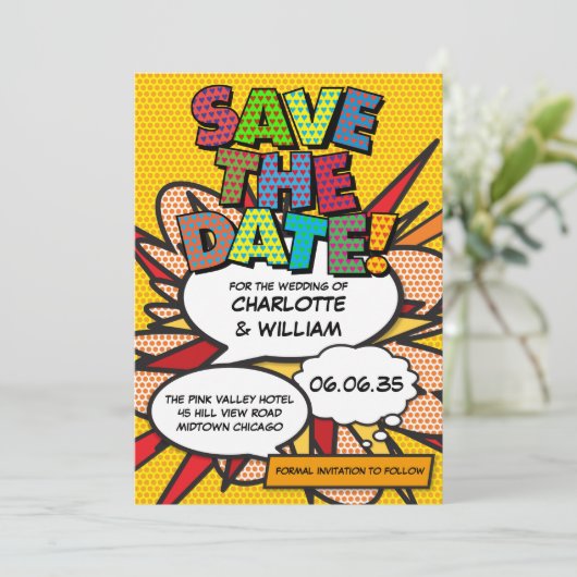 Leuke moderne kleurrijke stripboek foto bruiloft save the date (Staand voorkant)