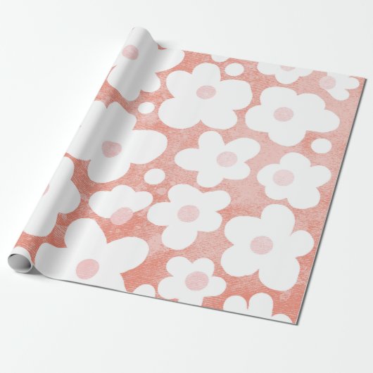 Leuke Moderne Retro Daisy Patroon Roze Terracotta Cadeaupapier (Uitgerold)