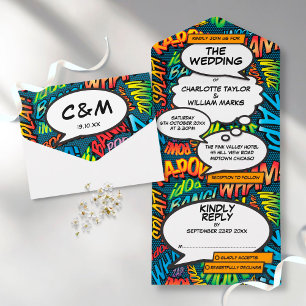 Leuke moderne stripboek typografie bruiloft all in one uitnodiging