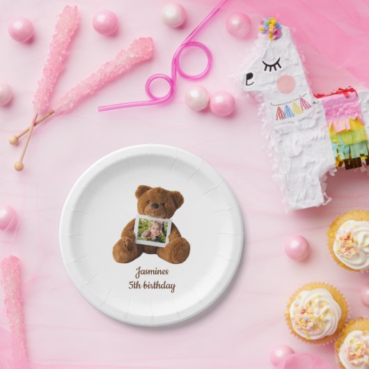 Leuke moderne teddybeer foto verjaardag papieren bordje (Feest)