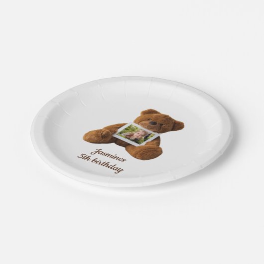 Leuke moderne teddybeer foto verjaardag papieren bordje (Gekanteld)