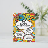 Leuke moderne verjaardagsfeest stripboek uitnodiging briefkaart (Staand voorkant)