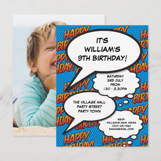 Leuke moderne verjaardagsfeestje blauwe foto uitnodiging briefkaart (Voorkant / Achterkant)