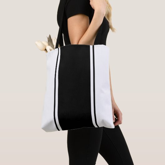 Leuke moderne verticale zwarte racestrepen op wit tote bag (Dichtbij)