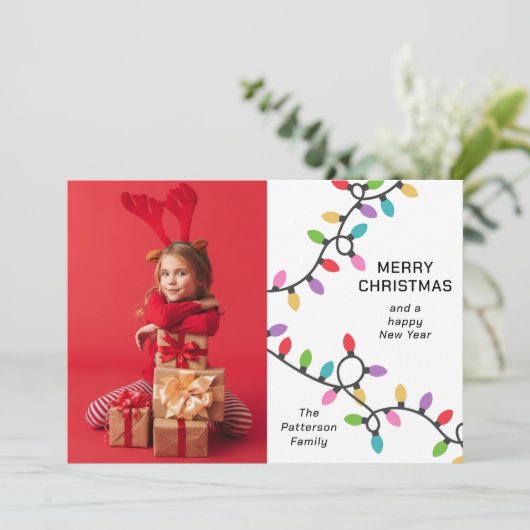 Leuke moderne vrolijke kerstfeestelijke lichten Fo Feestdagenkaart (Staand voorkant)