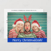 Leuke moderne vrolijke kerstmukkah foto blauw en w feestdagenkaart (Voorkant / Achterkant)