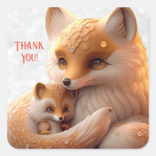 Leuke Moeder en Baby Oranje Fox Whimsical Dank u Vierkante Sticker