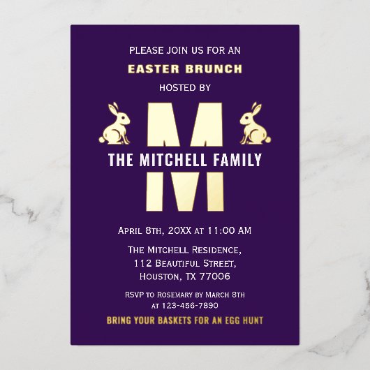 Leuke Monogram Familienaam Gelukkig Pasen Konijn K Folie Uitnodiging (Voorkant)