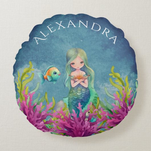 Leuke Monogram Naam Blauwe Waterverf Zeemeermin Rond Kussen (Voorkant)