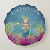Leuke Monogram Naam Blauwe Waterverf Zeemeermin Rond Kussen (Achterkant)