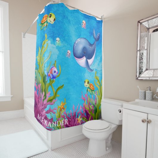Leuke Monogram Naam Kust Zee Schildpad Walvis Douchegordijn (In situ)