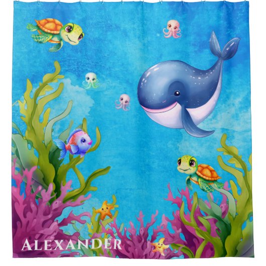 Leuke Monogram Naam Kust Zee Schildpad Walvis Douchegordijn (Voorkant)