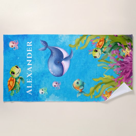 Leuke Monogram Naam Kust Zee Schildpad Walvis Strandlaken (Voorkant)