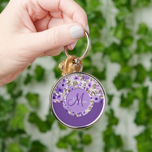 Leuke Monogram Purple & Witte Bloemensleutelhanger Sleutelhanger (Hand)