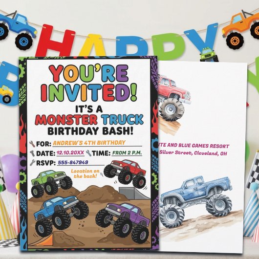 Leuke Monster Trucks 4e verjaardagsfeestje uitnodi Kaart