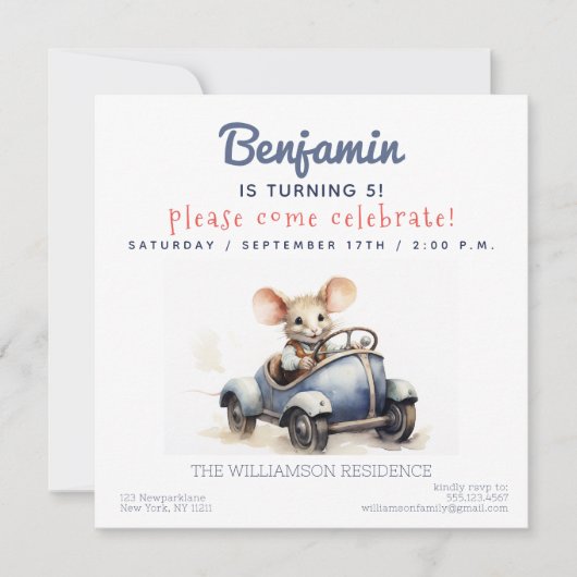 Leuke Muis in een Auto Kids Verjaardagsfeestuitnod Kaart (Voorkant)