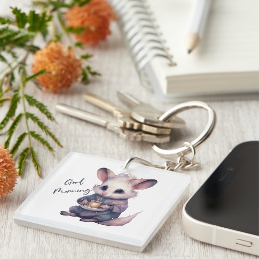 Leuke muis in pyjama met koffie. Rat en koffie Sleutelhanger (Voorkant Rechts)