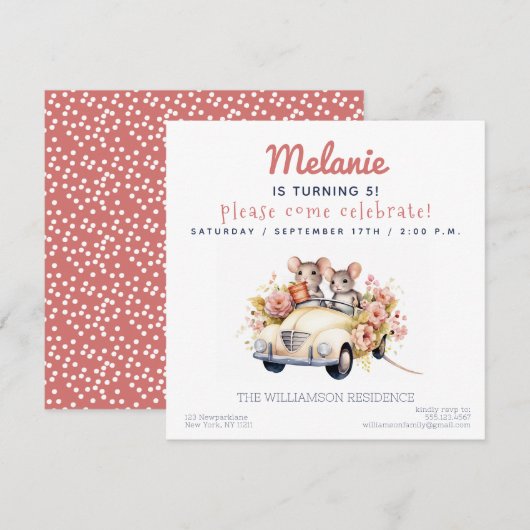 Leuke muizen in een auto Kids Verjaardagsfeestuitn Kaart (Voorkant / Achterkant)