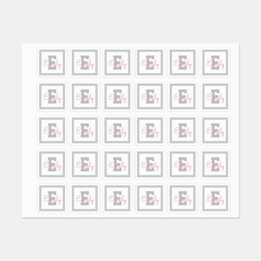 Leuke naam & Monogram | Lichtgrijze & roze kleding Labels (Vel)