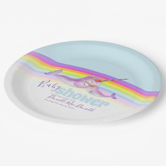 Leuke narwhal moeder en baby regenboog baby shower papieren bordje (Gekanteld)