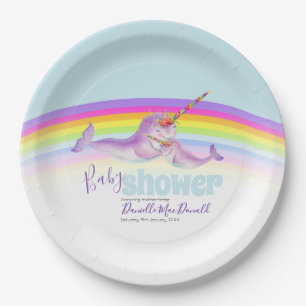 Leuke narwhal moeder en baby regenboog baby shower papieren bordje