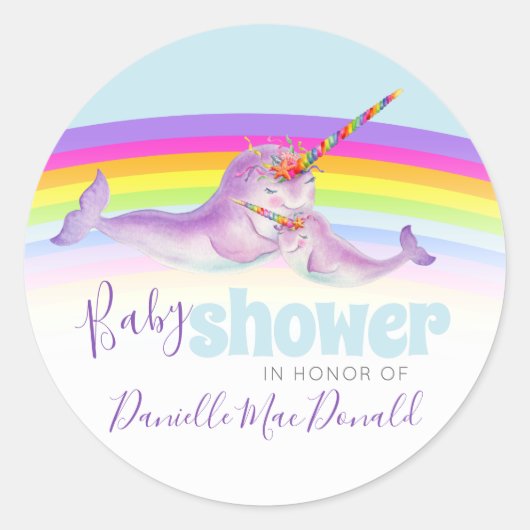Leuke narwhal moeder en baby regenboog baby shower ronde sticker (Voorkant)