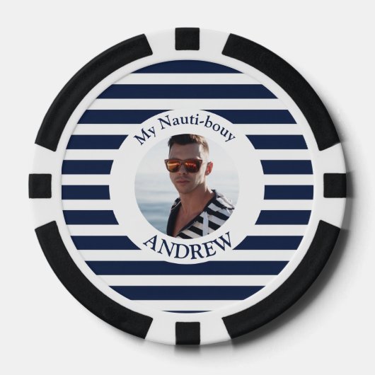 Leuke nautisch blauw gestreepte gepersonaliseerde  poker chips (Voorkant)
