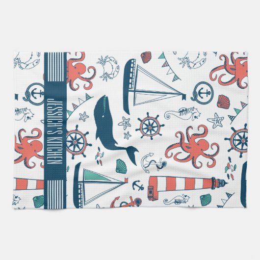 Leuke nautische patroon witte achtergrond theedoek (Horizontaal)