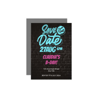 Leuke Neon Bakstenen Muur Verjaardag Save the Date Kaart