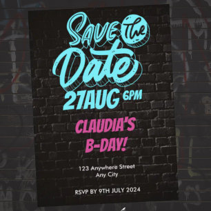 Leuke Neon Bakstenen Muur Verjaardag Save the Date Kaart