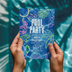 Leuke Neon Pool Party Verjaardag Kaart