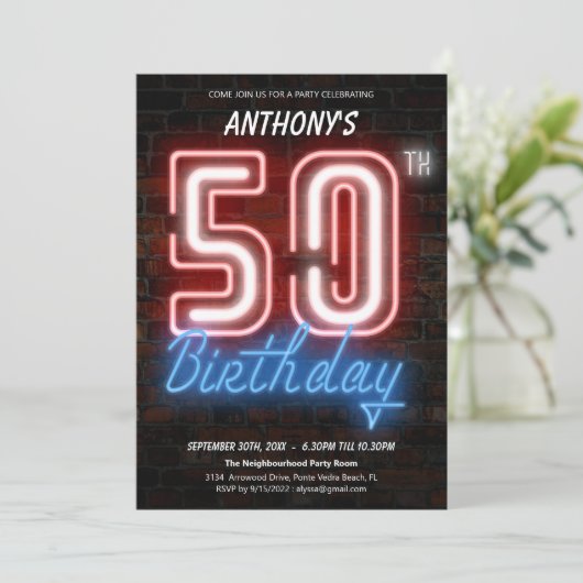 Leuke Neon Retro 50e Verjaardagsfeestuitnodiging Kaart (Staand voorkant)