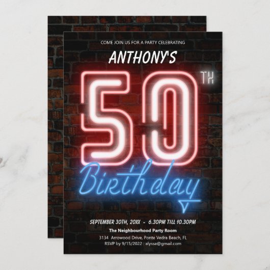 Leuke Neon Retro 50e Verjaardagsfeestuitnodiging Kaart (Voorkant / Achterkant)