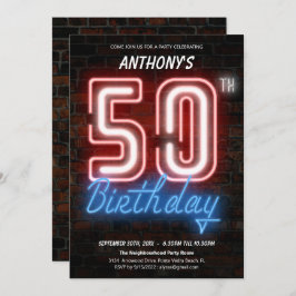 Leuke Neon Retro 50e Verjaardagsfeestuitnodiging Kaart