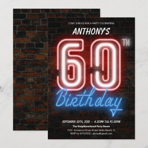 Leuke Neon Retro 60e Verjaardagsfeestuitnodiging Kaart