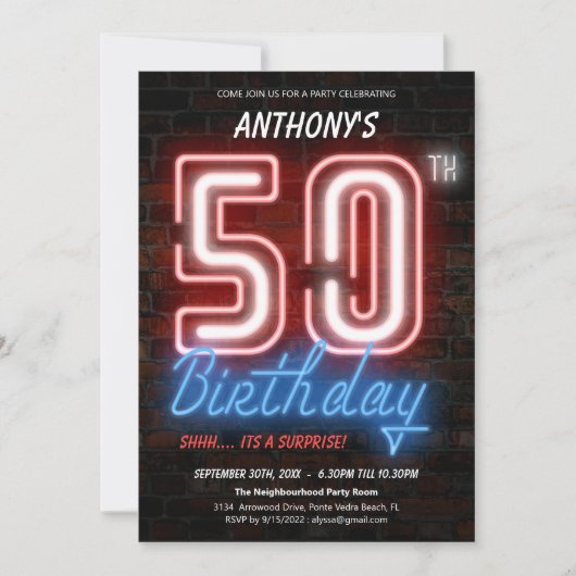 Leuke Neon Retro Surprise 50ste verjaardagsfeestje Kaart (Voorkant)