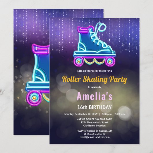 Leuke Neon Roller Skate Verjaardagsfeestje Kaart (Voorkant / Achterkant)
