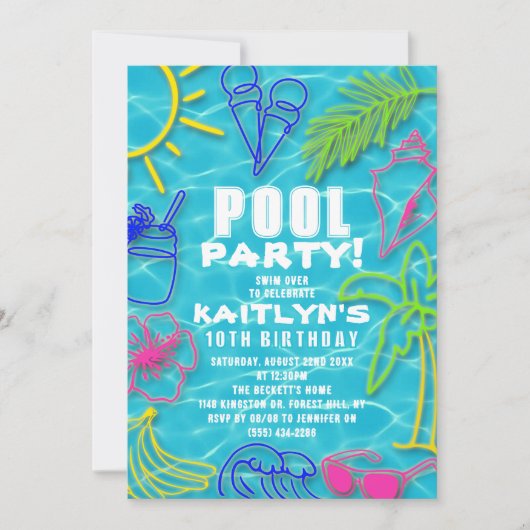 Leuke Neon Summer Pool Party Elke Leeftijd Verjaar Kaart (Voorkant)