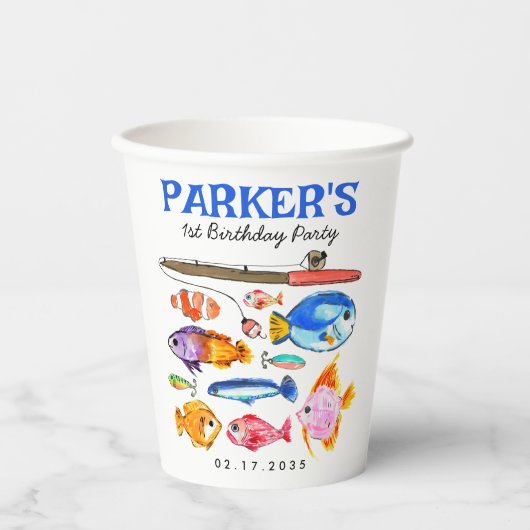 Leuke O-Fish-al Reel Fun Gone Fish Viste Verjaarda Papieren Bekers (Voorkant)